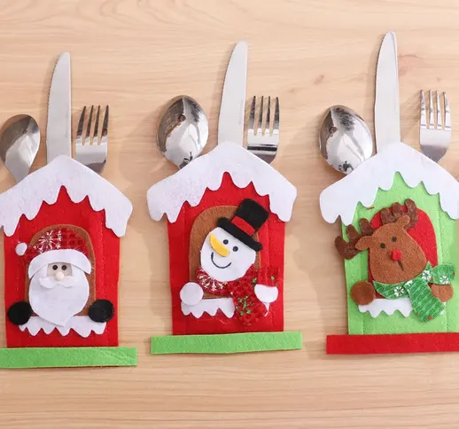 Santa Hat Reindeer Christmas New Year Pocket Fork Knife Cutlery Holder Bag Home Party Tabl...