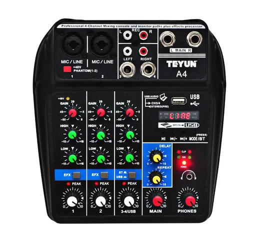 A4 Sound Mixing Console Bluetooth USB Record Computer Playback 48V Phantom Power Delay Rep...