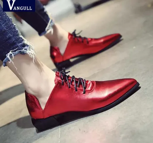 Vangull New Women Oxfords Shoes Fashion Shiny Metal Color Red Silver Pu Leather Lace Up Up...