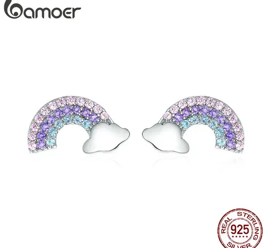 BAMOER New Arrival 925 Sterling Silver Colorful Zircon Rainbow Exquisite Stud Earrings Wom...