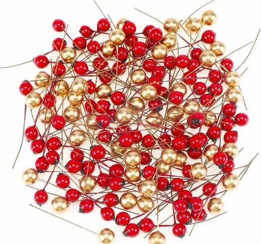 150pcs bacche di agrifoglio di Natale bacche di Natale in oro rosso artificiale per decora...