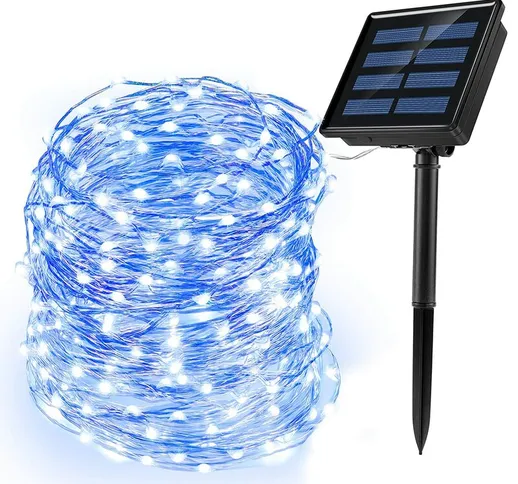 Bearsu - 200 luci a stringa solare a LED blu (filo di rame aggiornato, 8 modalità, imperme...