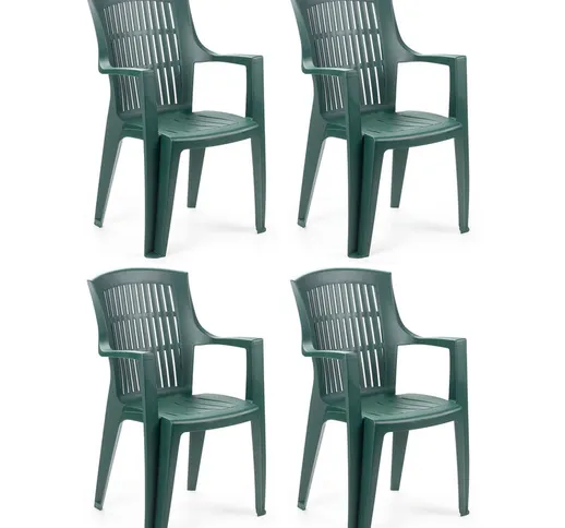 4 pezzi poltrona sedia Arpa in dura resina di plastica verde con schienale alto da giardin...