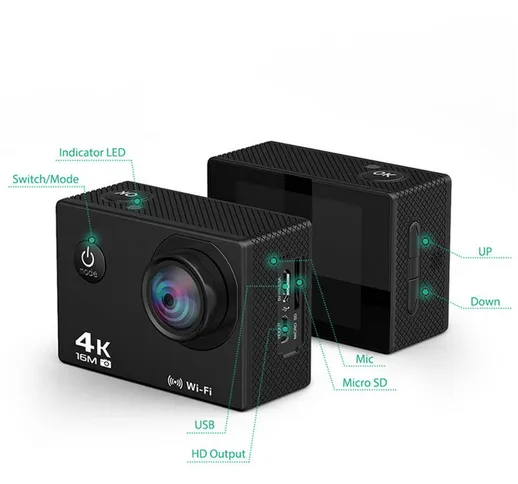 4K 16MP Wi-Fi Fotocamera sportiva 30M Impermeabile Fotocamera sportiva EIS Touch Screen Fo...