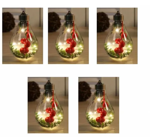 5 pezzi di palle di Natale appese con luci a LED Palla di Natale appesa con neve artificia...