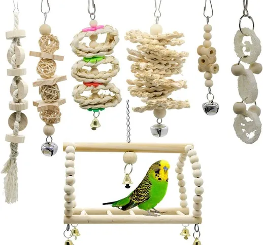 7pcs giocattoli da masticare altalena per pappagalli - legno naturale appeso campana gioca...