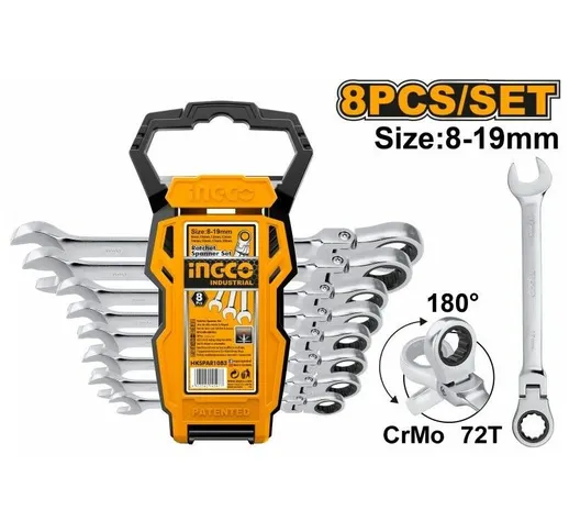 Ingco - 8 Chiavi a snodo Combinate con cricchetto e fisse da 8/10/12/13/14/15/17/19 mm