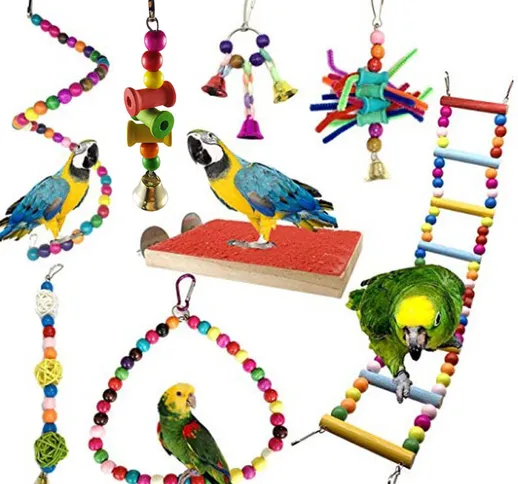 8 giocattoli con scala in legno altalena da masticare per pappagalli