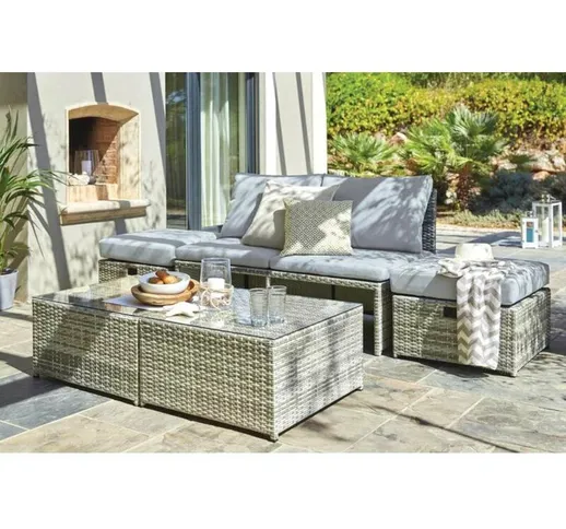 Ozalide - mobili da giardino, 2 tavolini + 2 pouf + 1 panca 2 posti - grigio antracite - 9...