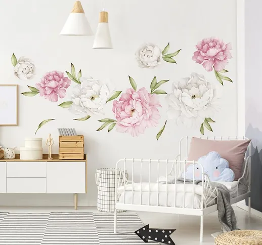 Adesivi murali fiori - Set di peonie rosa e bianche - Stickers pareti Dimensione L×H: 60cm...