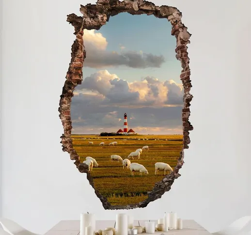 Adesivo murale 3D - North Sea Lighthouse With Sheep Herd - verticale 3:2 Dimensione L×H: 1...