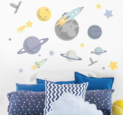 Adesivo murale bambini - Pianeti e navicelle spaziali - Stickers camerette Dimensione L×H:...