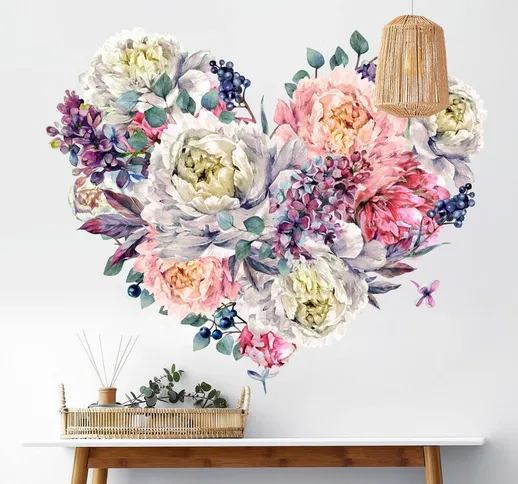 Adesivo murale - Bouquet a forma di cuore con fiori pastello acquerello XXL Dimensione L×H...