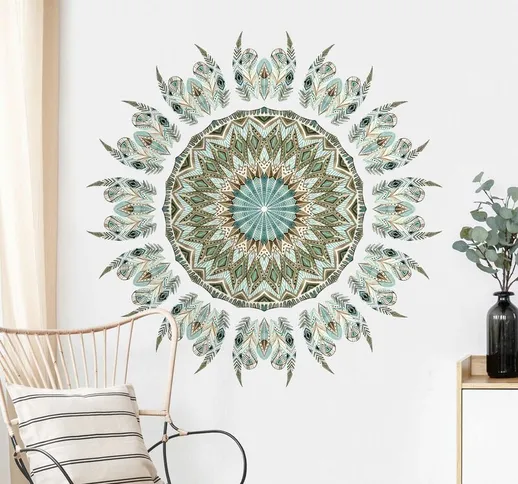 Adesivo murale - Piume mandala acquerello blu e verde Dimensione L×H: 80cm x 80cm