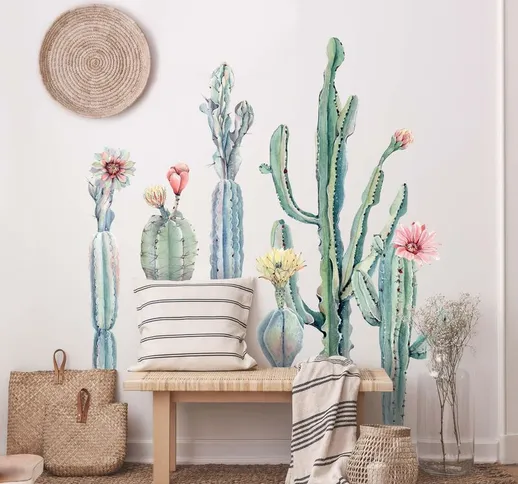 Adesivo murale - Set di cactus con fiore in acquerello XXL Dimensione L×H: 40cm x 20cm