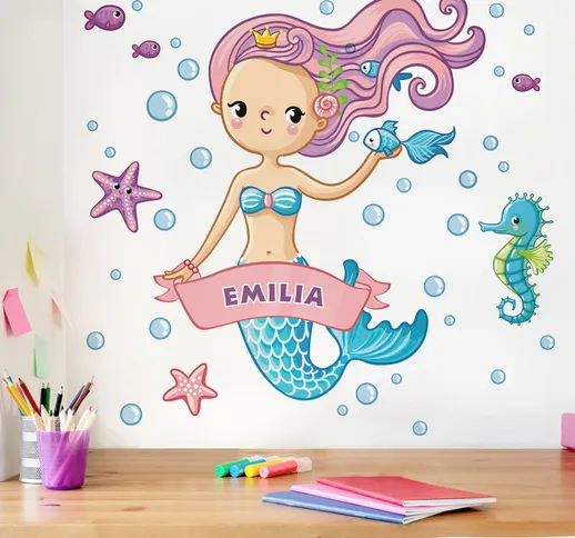 Adesivo murale sirena per bambini - Con testo personalizzato Dimensione L×H: 60cm x 60cm