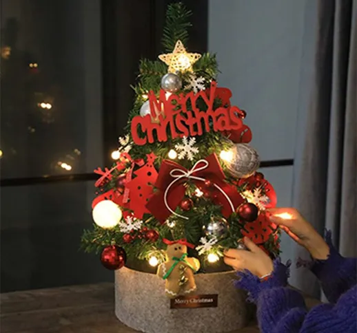 Albero decorativo, albero di Natale artificiale da tavolo con ornamenti a LED con base, al...