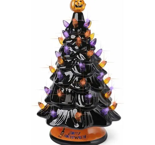 Albero di Halloween in ceramica nera con luci arancioni e viola, albero decorativo di Hall...