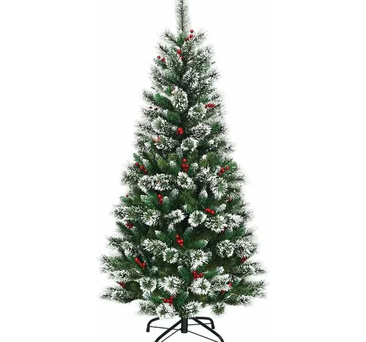 Albero di Natale Artificiale Innevato, con Bacche Rosse, Base di Metallo, Foglie in pvc, D...