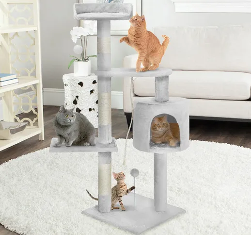 Albero Tiragraffi 112cm Grigio Chiaro Con Cuccia Per Gatti Corda e Pallina