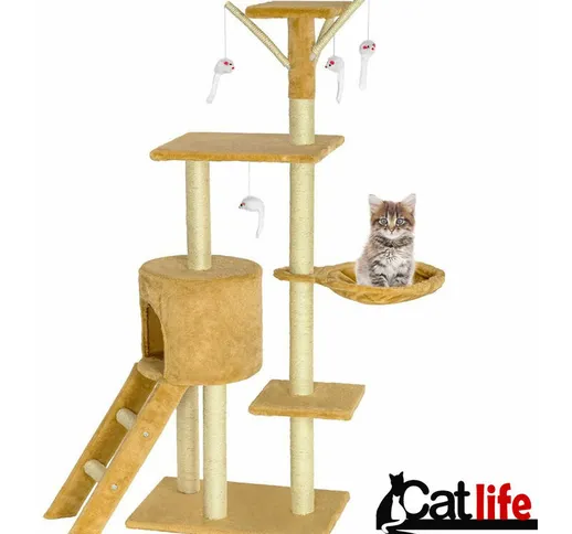 Small - Albero Tiragraffi 144CM Beige Parco Giochi Per Gatti Torre Con Cuccetta e Scala