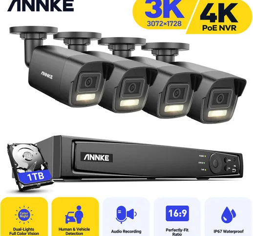 Annke - 8CH 4K Sorveglianza autonoma PoE nvr x 4 pcs 3K Smart Dual Lens Camera con audio 1...