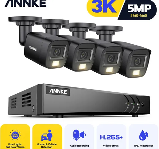 Annke - Sistema di sicurezza cablato 3K a 8 canali 4 telecamere a doppia luce, visione not...