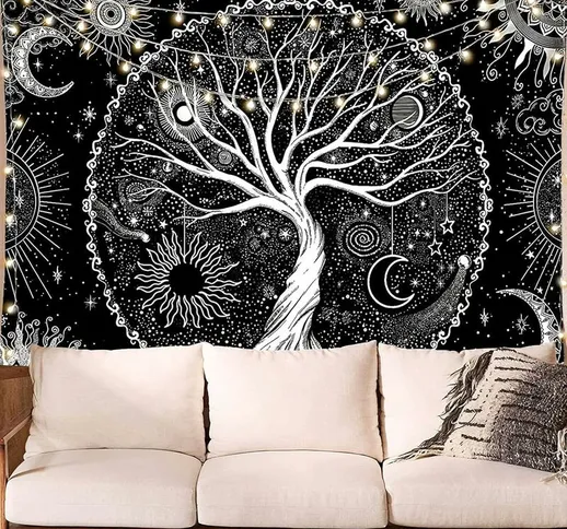 Qersta - Arazzo con albero della vita stellato in bianco e nero, arazzo estetico da append...