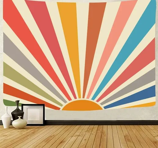 Arazzo da parete vintage con sole bohémien, retrò anni '70, arcobaleno, alba, tramonto, ar...