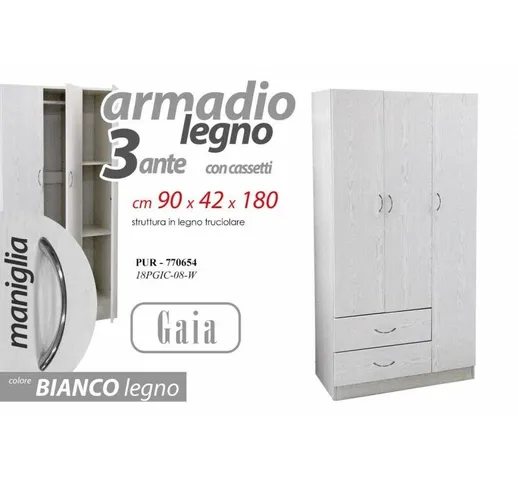 Armadio tre ante bianco con cassetti cm 90 x 42 x 180 h