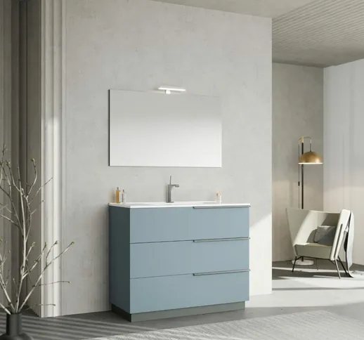 Arredo bagno a terra 100CM celeste, specchio 100X60 con lampada new york