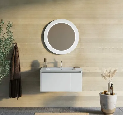 Kiamami Valentina - ARREDO BAGNO SOSPESO 80CM BIANCO OPACO CON SPECCHIO TONDO A LED MONACO