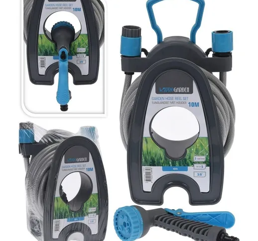 Avvolgitubo + Tubo da Giardino 10 Metri Spessore 3/8' Con Accessori Grigio/Blu