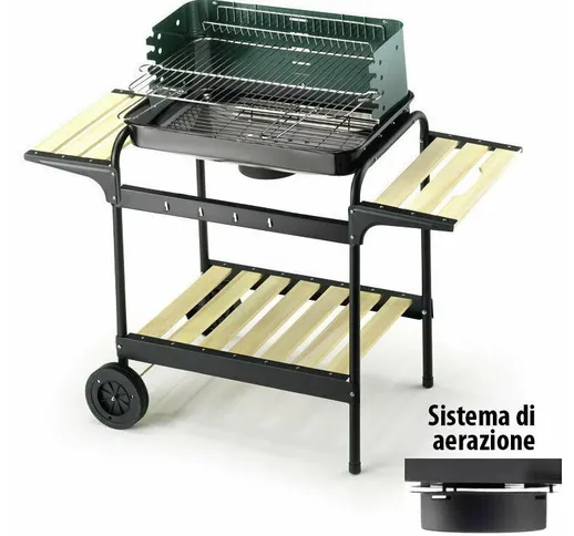  - Barbecue Carbonella Portatile Carrello Ruote Ripiani Legno Carbone