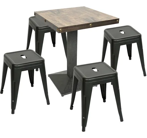®4 Sgabello da bar in metallo nero+ 1 Tavolo quadrato | impilabile altezza del sedile 46 c...