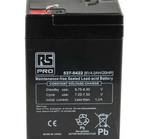 Batteria al piombo sigillata Rs Pro 6V, 4Ah, 70 x 47 x 100mm, -20 → +60°C