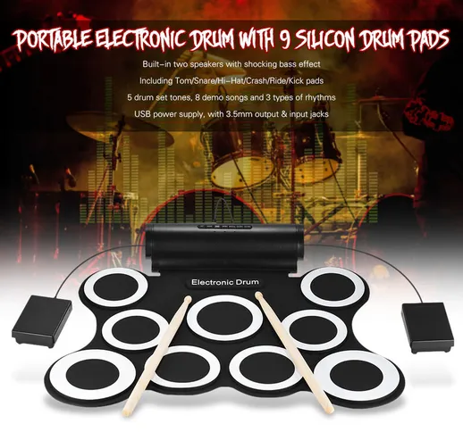 Batteria arrotolabile elettronica digitale stereo portatile 9 pad in silicone Doppio altop...