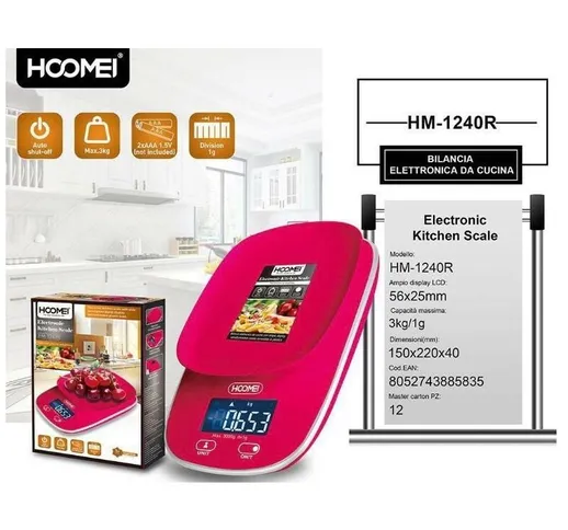 Hoomei - Bilancia elettronica da cucina fino a 3 Kg con piatto integrato HM-1240R