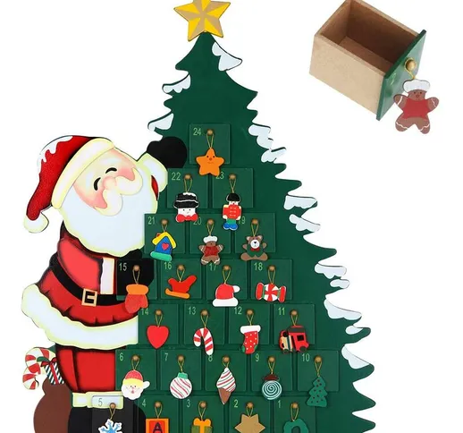 Calendario Avvento Babbo Natale con Albero in Legno 24 Cassetti e Decorazioni