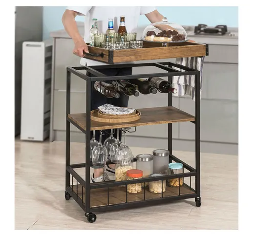 Carrello Cucina salvaspazio Angolo Bar per casa con portabottiglie e Vassoio Stile Industr...