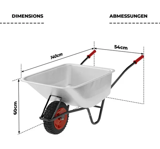 Carriola - 100l, Carico Massimo 210kg, Vasca Zincata, Ruota Pneumatica, Telaio in Acciaio