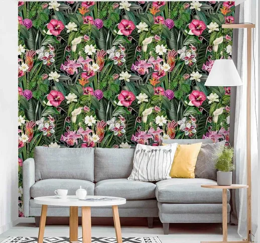 Carta da parati - Collage di fiori colorati tropicali Dimensione HxL: 288cm x 288cm Materi...