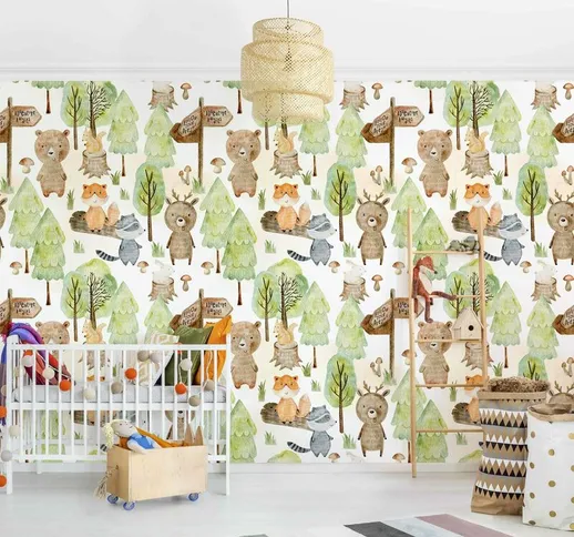 Micasia - Carta da parati - Volpe e orso con alberi Dimensione HxL: 225cm x 336cm Material...