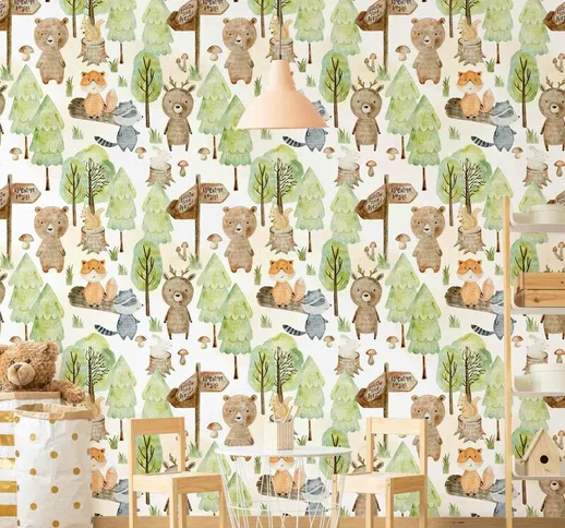 Carta da parati - Volpe e orso con alberi Dimensione HxL: 288cm x 288cm Materiale: Smart