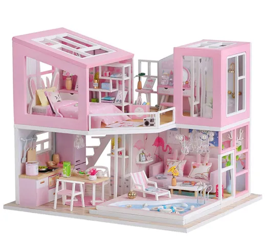Casa delle bambole in miniatura Casa delle bambole in legno fai-da-te con mobili e LED Cas...