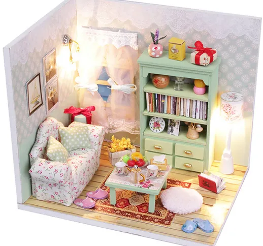 Casa delle bambole in miniatura Casa delle bambole in legno fai-da-te con mobili Giocattol...