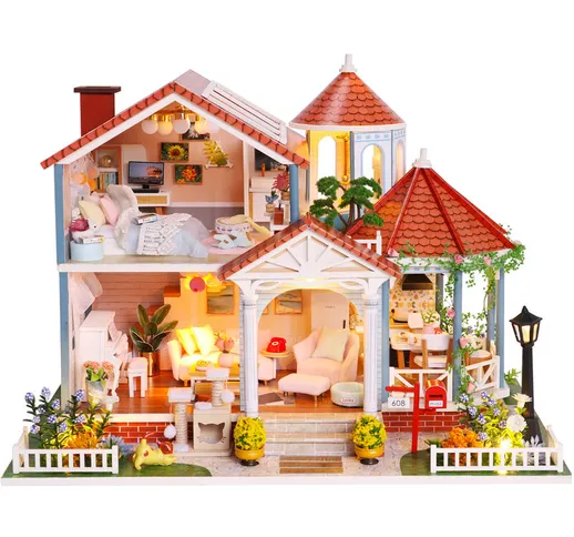 Casa delle bambole in miniatura Kit casa delle bambole in legno fai-da-te con mobili con l...