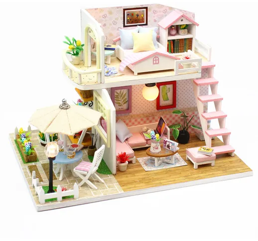 Casa delle bambole in miniatura Kit casa delle bambole in legno fai-da-te con mobili con m...