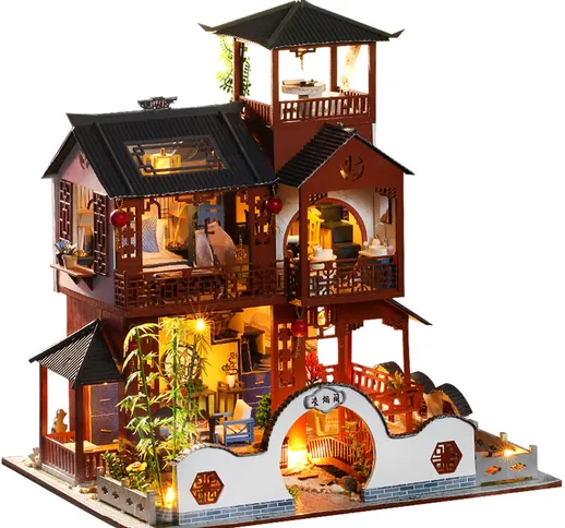 Casa delle bambole in miniatura Kit casa fai da te con mobili LED Kit casa delle bambole i...