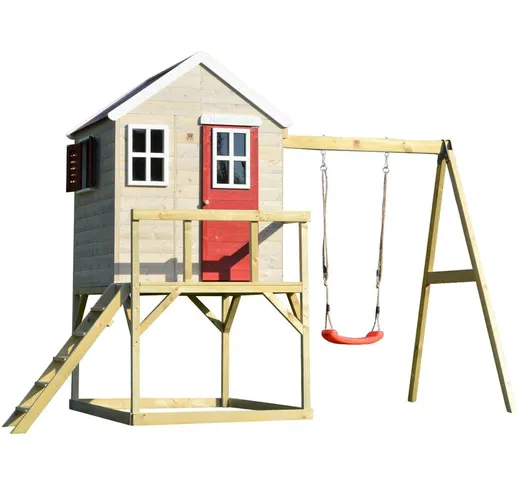 Casetta da giardino bambini piattaforma 90 cm con singole altalene Estate Lodge -Rosso